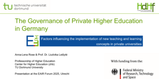 Präsentationsfolie: The Governance of Private Higher Education in Germany. Titel: Factors influencing the implementation of new teaching and learning concepts in private universities.